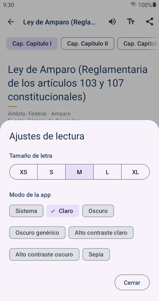 Panel de ajustes de lectura de AYA: tamaños de letra XS a XL y los siete modos de la app.