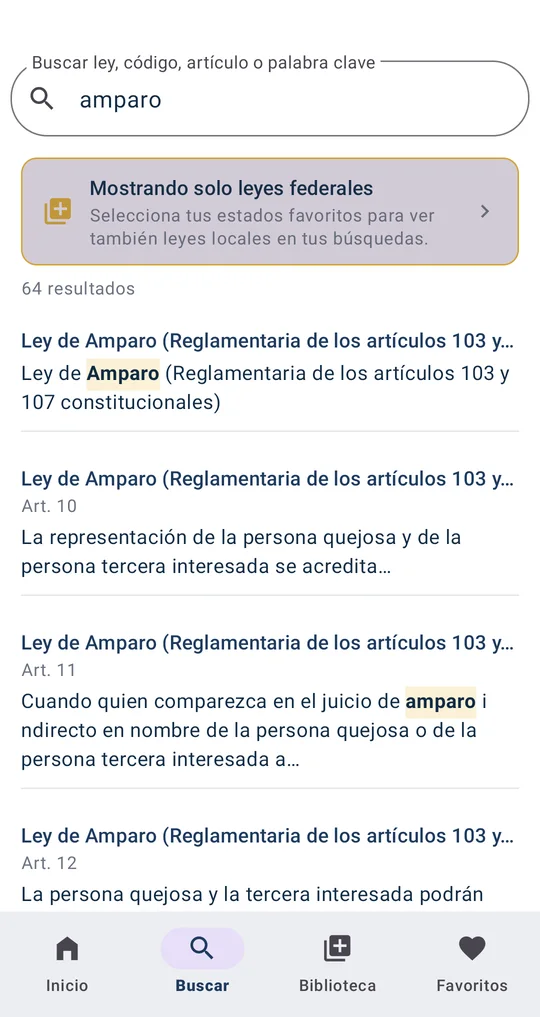 Búsqueda de la palabra amparo en AYA: 64 resultados con la palabra resaltada en cada artículo.
