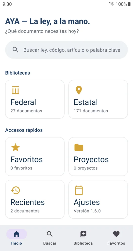 Inicio de AYA con las bibliotecas Federal (27 documentos) y Estatal (171), favoritos, proyectos y recientes.