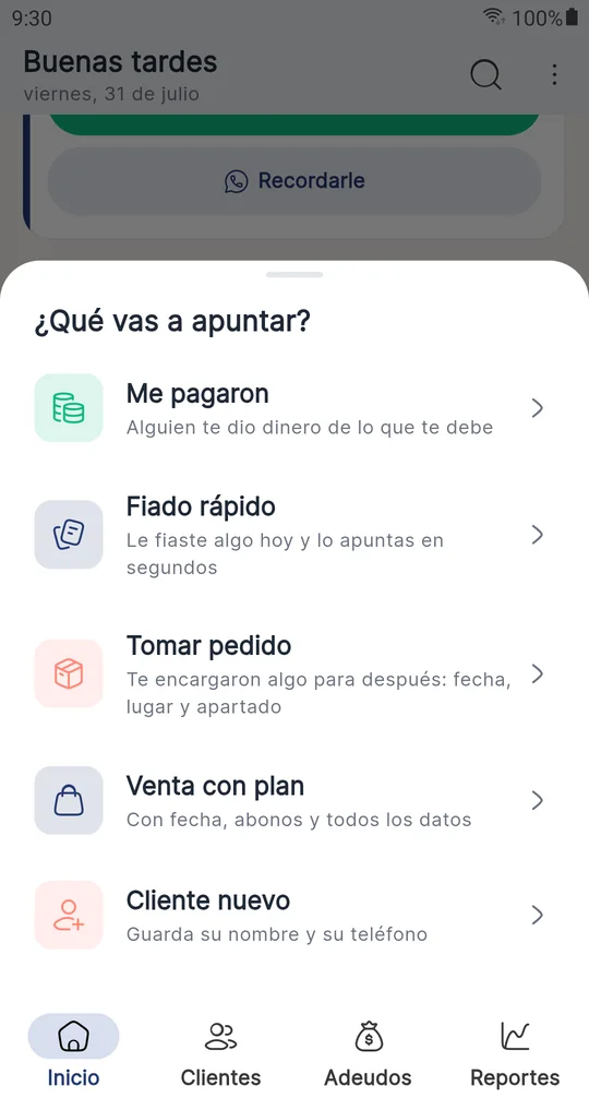 Hoja ¿Qué vas a apuntar? con cinco opciones: me pagaron, fiado rápido, tomar pedido, venta con plan y cliente nuevo.