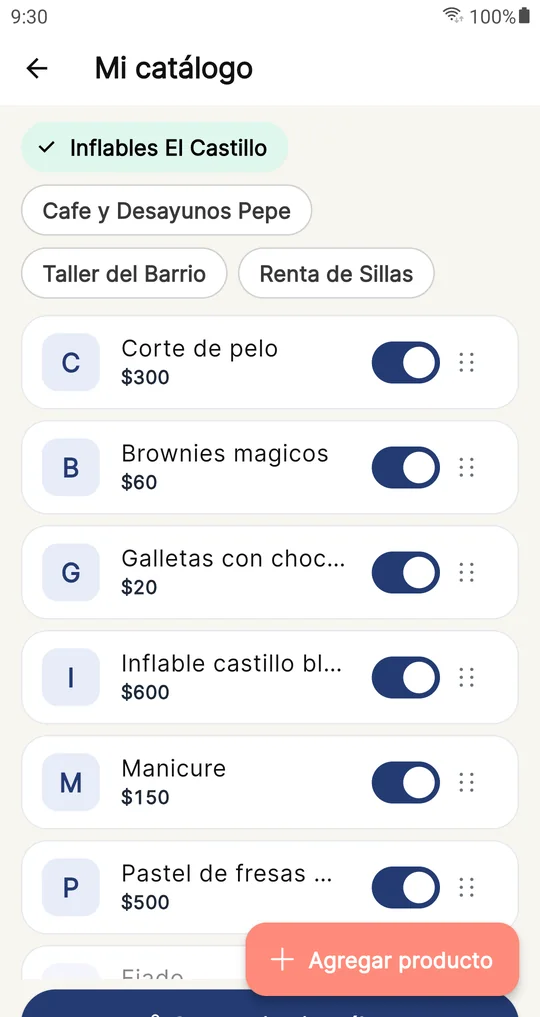 Mi catálogo de iNeni con los productos, su precio y el botón de compartir el catálogo.