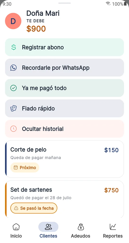 Ficha de un cliente en iNeni con lo que debe, sus apuntes y las acciones de abonar y recordar.