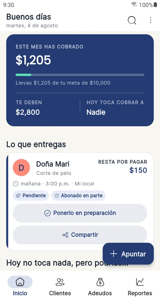 Pantalla de inicio de iNeni: lo cobrado del mes con la barra de la meta, lo que entregas hoy y el botón de apuntar.