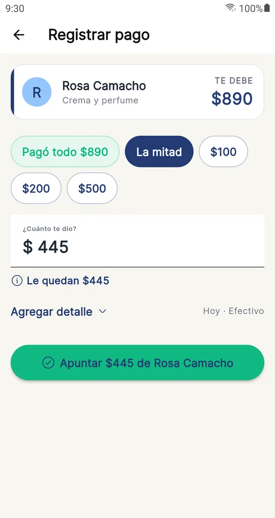 Pantalla de registrar pago con los botones Pagó todo, La mitad y montos redondos.