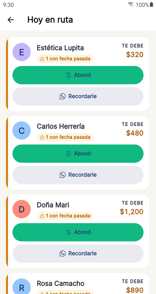 Pantalla Hoy en ruta con los clientes a los que toca cobrar hoy.