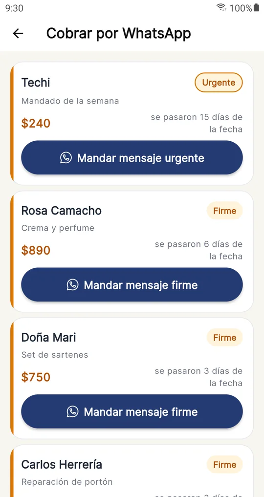 Lista de cobros por WhatsApp con etiquetas Urgente y Firme según los días de atraso.