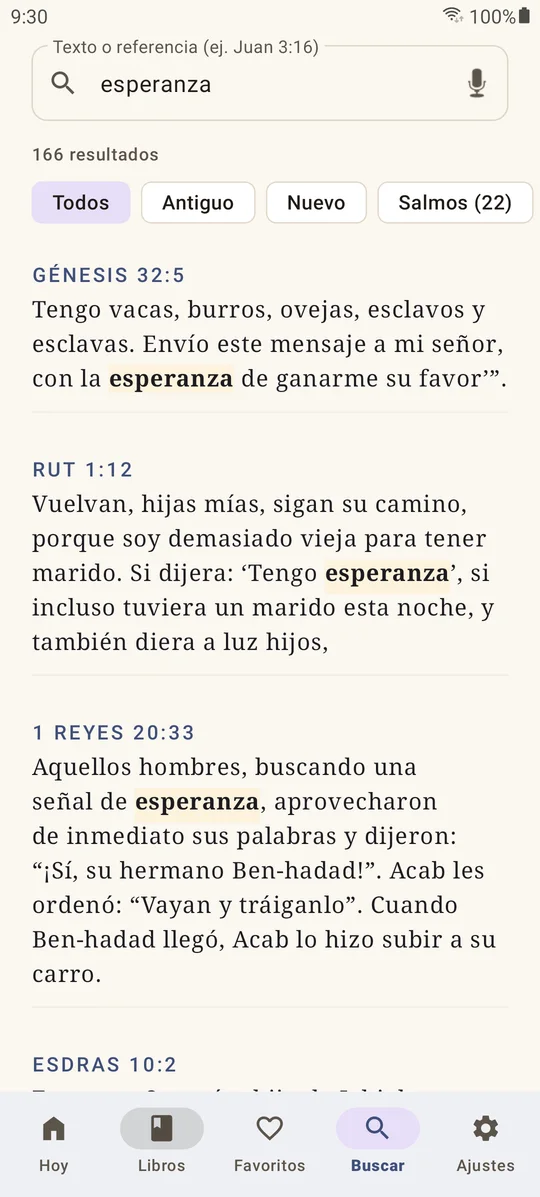 Búsqueda de la palabra esperanza: 166 resultados con la palabra resaltada y filtros por Antiguo Testamento, Nuevo Testamento y Salmos.