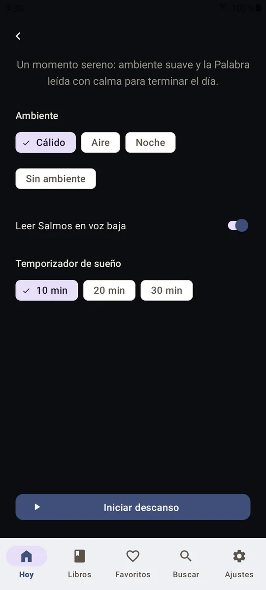 Pantalla de Descanso: sonido de ambiente, Salmos leídos en voz baja y temporizador de sueño de 10, 20 o 30 minutos.