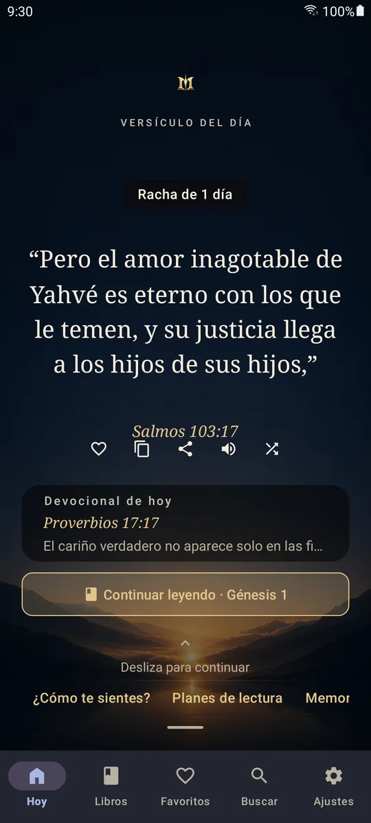 Pantalla de inicio de reconocer: el versículo del día sobre un amanecer, la racha de lectura y el devocional de hoy.