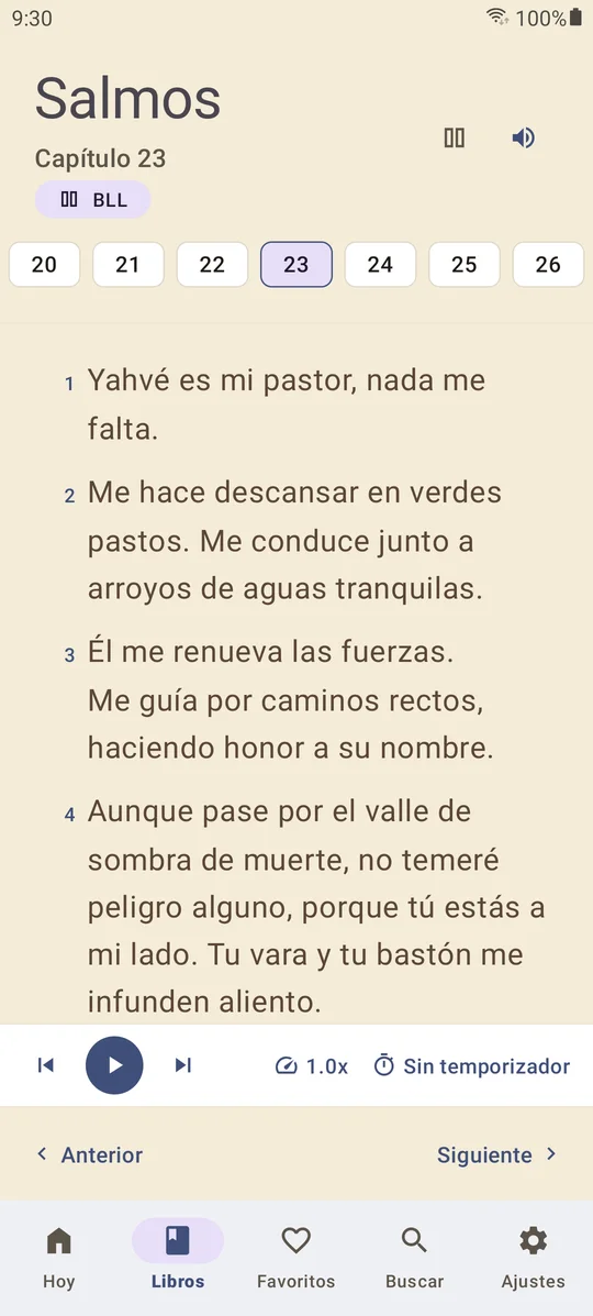 El lector de reconocer con Salmos 23 en tema sepia, los capítulos en fila y el reproductor de voz abajo.