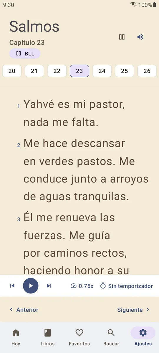 El mismo Salmos 23 con la letra mucho más grande, tamaño 26, y la voz a velocidad 0.75x.